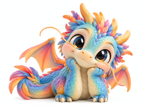Mythical Rainbow Dragon in Colorful 3D Style &ndash; Vibrant Magical Fantasy Creature with Transparent Background