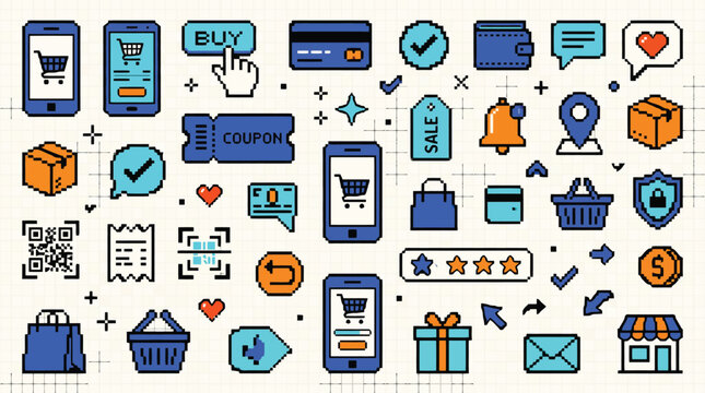 Pixel art e-commerce icon set, retro 8-bit online shopping symbols, blue and orange digital marketing vector graphics