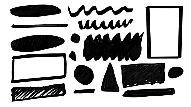 Black marker sketch isolated collection oval line zigzag rectangle triangle circle Hand Drawn illustration with alpha transparent background