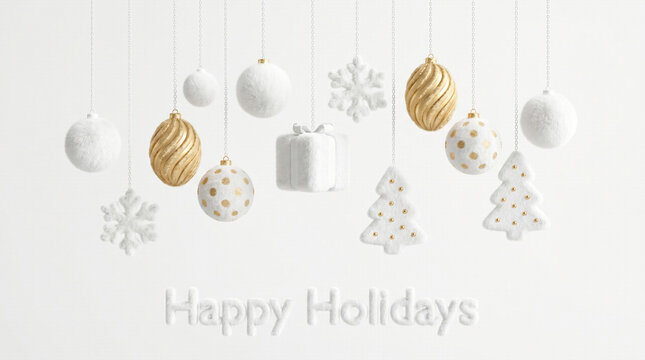  White and gold elegant Christmas ornaments hanging on a festive holiday background. Soft fluffy decorations, snowflakes, Christmas trees and gift box with Happy Holidays greeting.