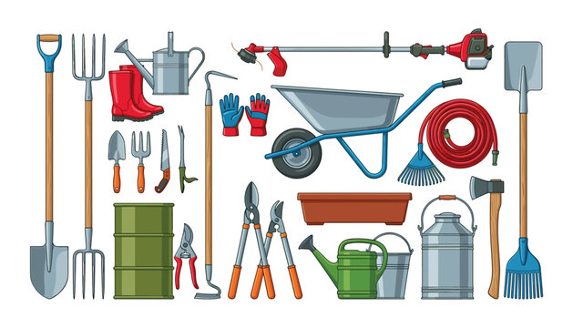 Collection of gardening tools vector set with wheelbarrow watering can shovel boots rake and outdoor farming equipment