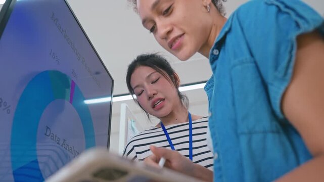 Asian and Brazilian Businesswomen Discussing Data Analysis with Tablet in Modern Office.