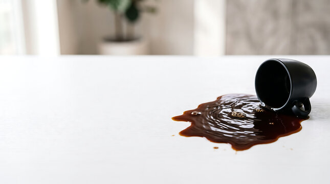 A Spilled Cup of Black Coffee Creating a Messy Stain on a Clean White Tabletop Surface