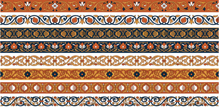 Vintage Byzantine seamless border patterns set with ornate pomegranate fruits and floral vine ornaments