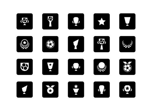 Premium football trophy icon set with soccer balls, championship cups, medals, stars, and laurel wreaths in bold black and white designs for sports branding and award graphics.