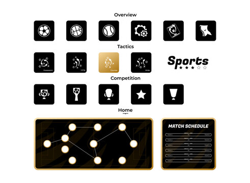 Premium sports UI icon set with black and gold styling, football tactics, competition symbols, navigation icons, and match schedule dashboard elements for soccer websites.