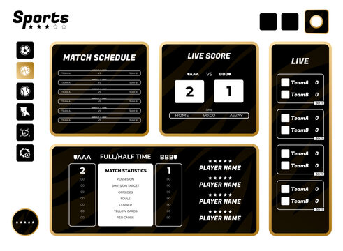 Sports dashboard UI kit with soccer match scores, statistics, standings, schedules, player lineups, and live score panels in a modern black and gold interface.