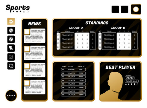 Elite sports dashboard UI with black and gold styling, news panel, tournament standings, player rankings, and best player profile for football league and competition interfaces.