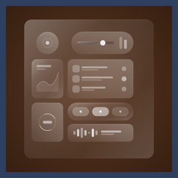 Warm bronze frosted glassmorphism application window featuring interactive multimedia widgets