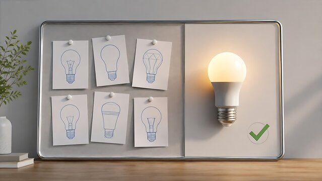 Winning Idea Concept With Glowing Lightbulb And Checkmark Next To Paper Sketches On Whiteboard