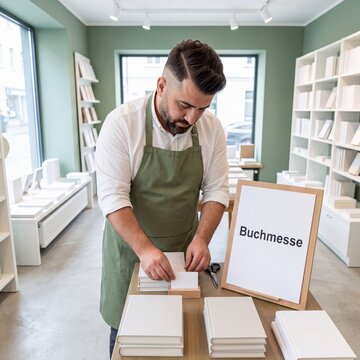 Buchh&auml;ndler ordnet B&uuml;cher am Stand vor der Buchmesse