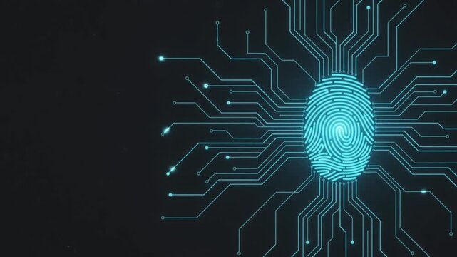 Digital fingerprint scanner hologram with glowing electronic circuit integrated chip design
