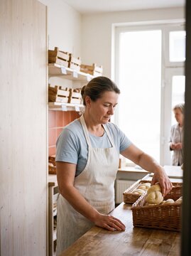 B&auml;ckerin sortiert frische Br&ouml;tchen im Weidenkorb an der Theke