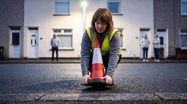 Frau in Warnweste platziert Verkehrsh&uuml;tchen auf der Stra&szlig;e