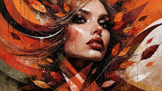 Woman portrait blending with abstract fall foliage and vibrant autumn colors