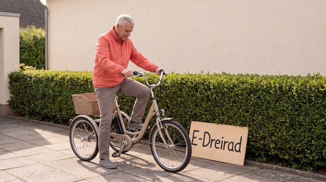 Senior steigt auf ein E-Dreirad im sonnigen Vorgarten