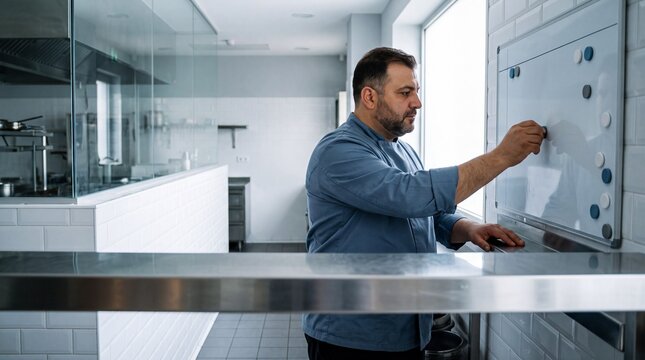 Koch plant Dienstplan an Magnettafel in Restaurantk&uuml;che