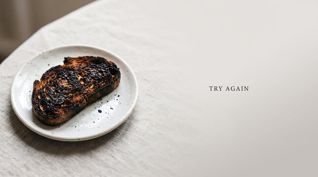 A piece of heavily burnt toast sits on a small white plate with the text try again on a neutral background