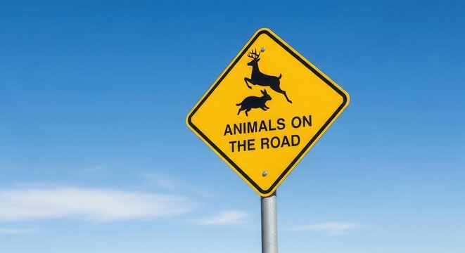 Animals On The Road Warning Sign Against A Clear Blue Sky