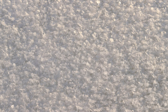 exture of fresh loose snow in sunlight close-up. Macro photography of clean snow surface, texture of white snow, winter abstract background, snowy surface with natural crystal structure. Winter