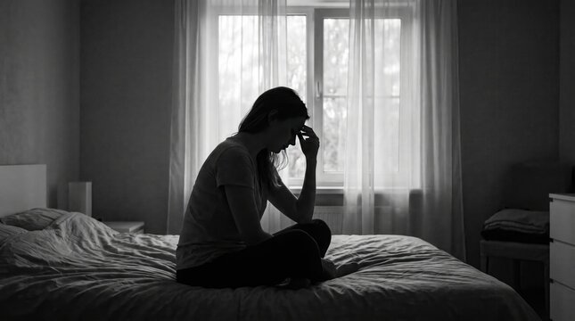 Depressed woman silhouette sitting on bed, lonely female in dark bedroom, mental health and grief concept in black and white