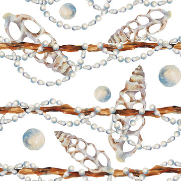 Watercolor seamless pattern with openwork seashells, pearl garlands and driftwood in a realistic coastal style. Illustration for fabric, wallpaper, wrapping paper, branding, stationery and beach decor