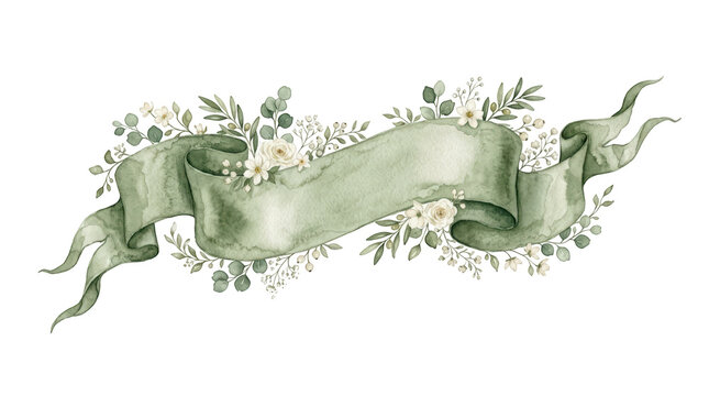 Watercolor sage green ribbon banner with floral decorations isolated on transparent background