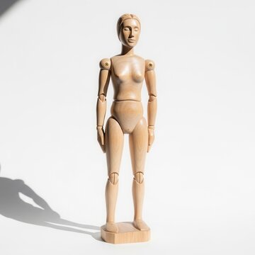 Articulated Wooden Mannequin Standing In A Studio With Dramatic Lighting