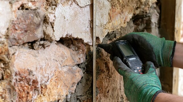 Moisture meter testing an old masonry wall