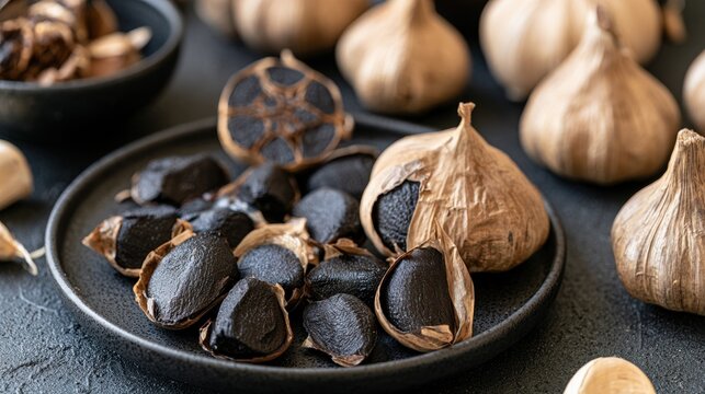 Peeled black garlic cloves with whole fermented bulbs