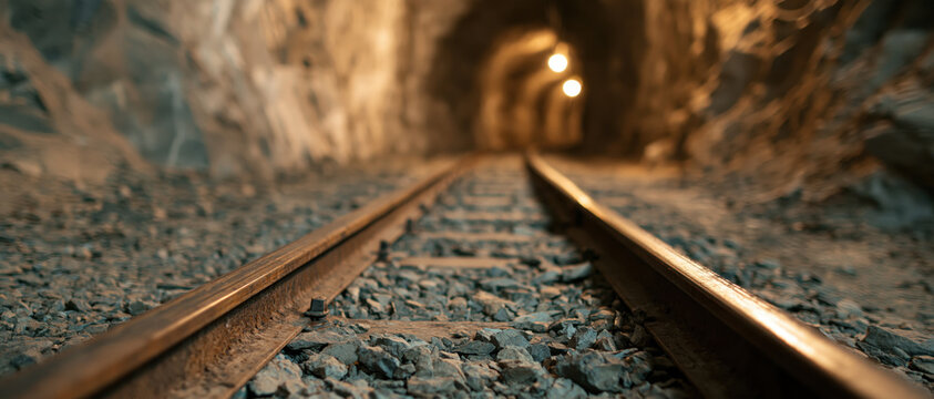 Railroad track tunnel underground gravel steel rail perspective low angle vanishing point rock wall dim light motion blur empty