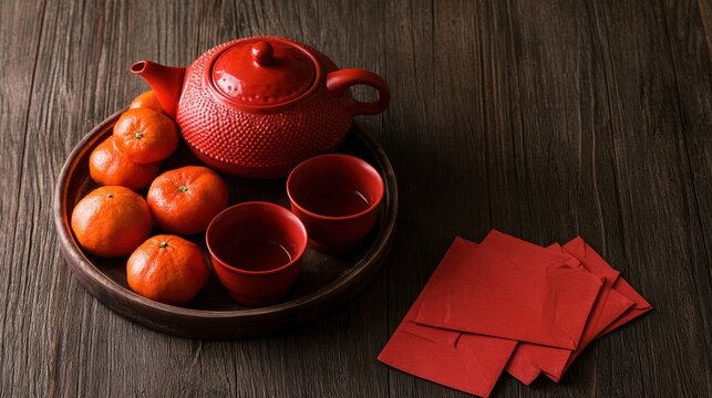 Traditional red tea service and lucky envelopes for Lunar New Year