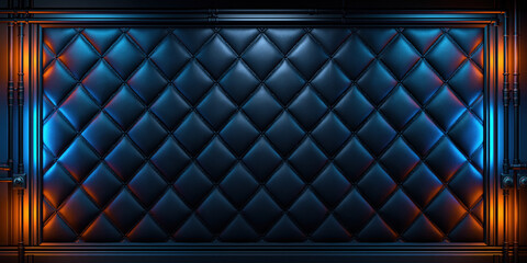 Obraz premium Dark leather quilted wall panel with blue and orange light, luxury interior texture close up