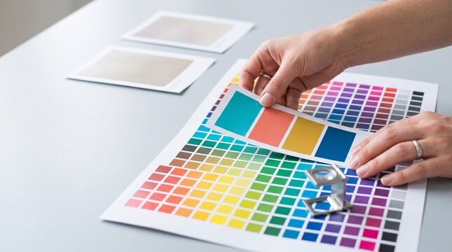 Graphic designer comparing printed color samples with a reference swatch chart and magnifying loupe during professional print quality control