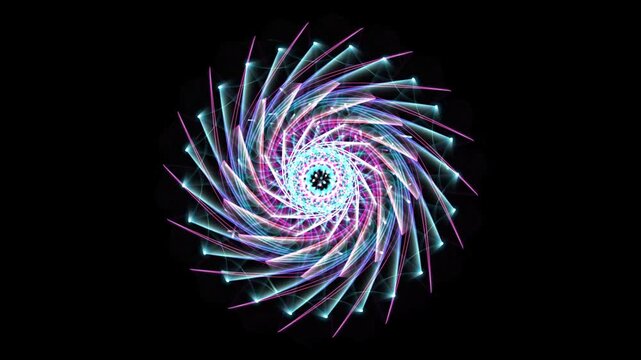 Bright multicolored spiral vortex pattern with glowing neon lights on black background, futuristic design, dynamic art