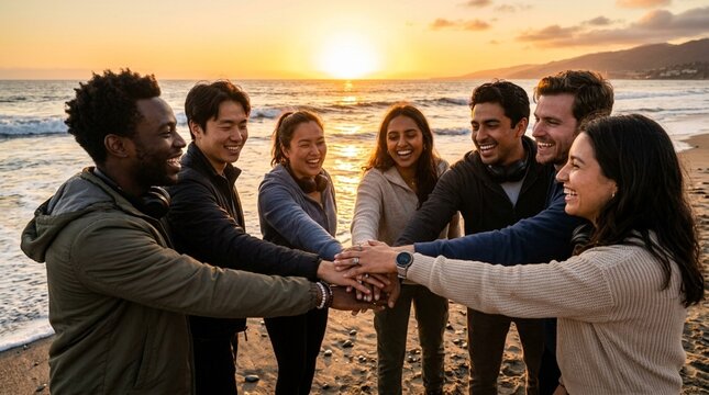 Diverse friends embracing at sunset beach, unity and happiness