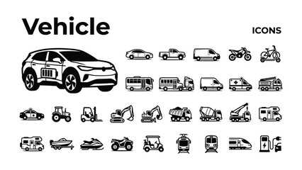 Obraz premium Various Vehicle Icons: A comprehensive collection of vehicle icons, including cars, trucks, motorcycles, buses, and specialized vehicles, presented in a clean, modern style.
