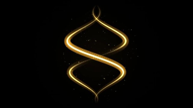 Abstract glowing golden light trail in the shape of a double helix or infinity symbol on a black background