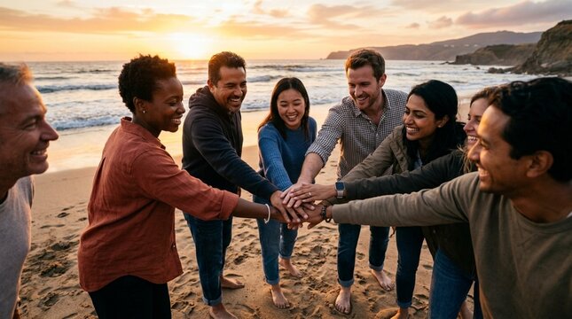 Diverse friends group on beach at sunset, hands united in teamwork and unity