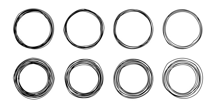 Circle pen doodle frame with hand drawn outline. Sketch circular border in rough scribble style.