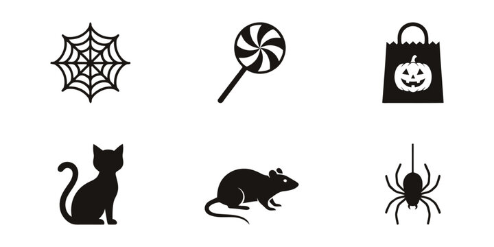 Set of six minimalist halloween icons featuring spider web, lollipop, pumpkin bag, black cat, mouse and dangling spider for holiday web design.