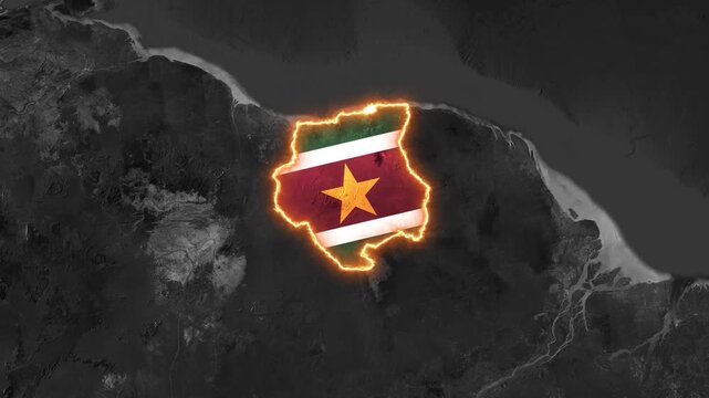 Suriname country map animation with glowing borders and waving flag footage