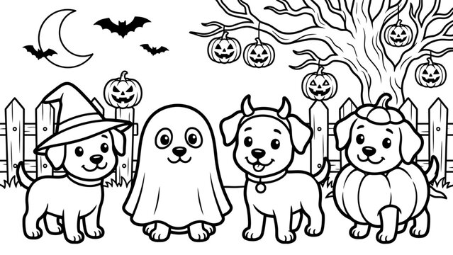 Coloring page for kids featuring four cute puppies in halloween costumes standing in front of a fence and a tree with hanging pumpkins