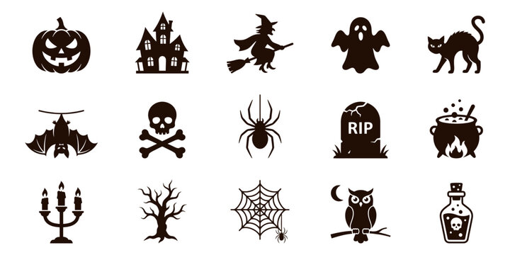 Set of halloween icons, pumpkin, haunted house, witch, ghost, cat, bat, skull, spider, tombstone, potion