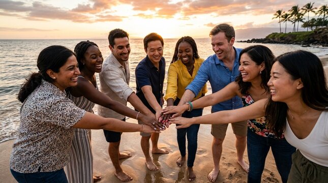 Diverse friends join hands on beach at sunset, unity and happiness