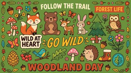 Fototapeta premium Woodland animals and nature elements arranged as a colorful sticker collection.