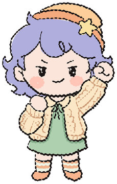 Confident cartoon girl in a beret raising her fist in encouragement