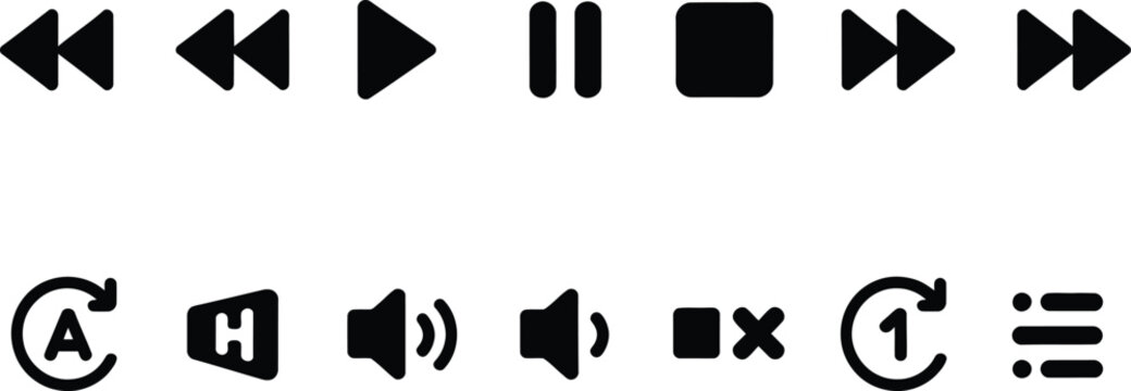 Media player control icons featuring play, pause, stop, rewind, and forward symbols on transparent background for digital interfaces.