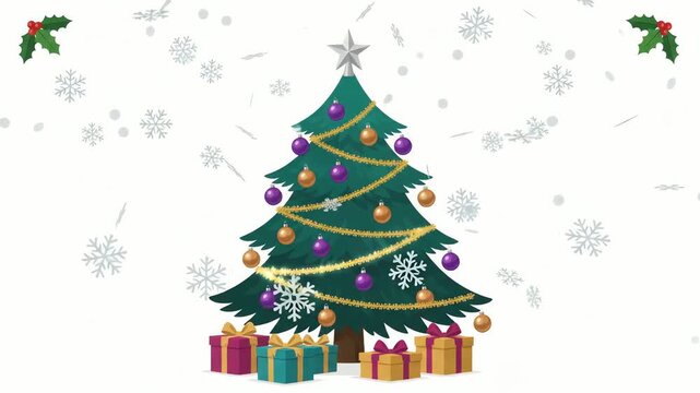 Christmas tree decorated with colorful ornaments and gold tinsel stands prominently on a white background surrounded by numerous wrapped gift boxes while festive snowflakes fall gently all around.
