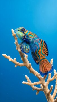 Colorful mandarinfish above coral branch in blue water
